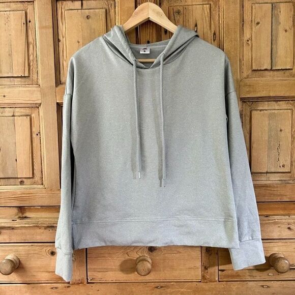 Senita Small Gray Fleece Lined Athletic Hoodie Sweatshirt Cross Over Back‎ - Picture 1 of 9